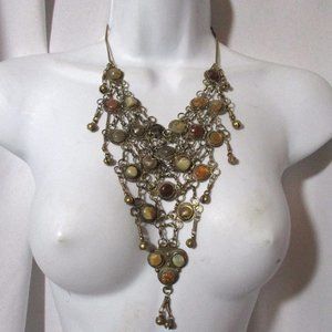 Stone Chainmail Inlay Tier Dangle Runway Ethnic NECKLACE TRIBAL Bib CLEOPATRA